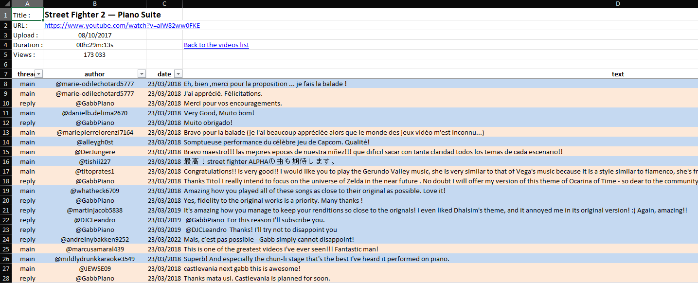 Excel comments sheet